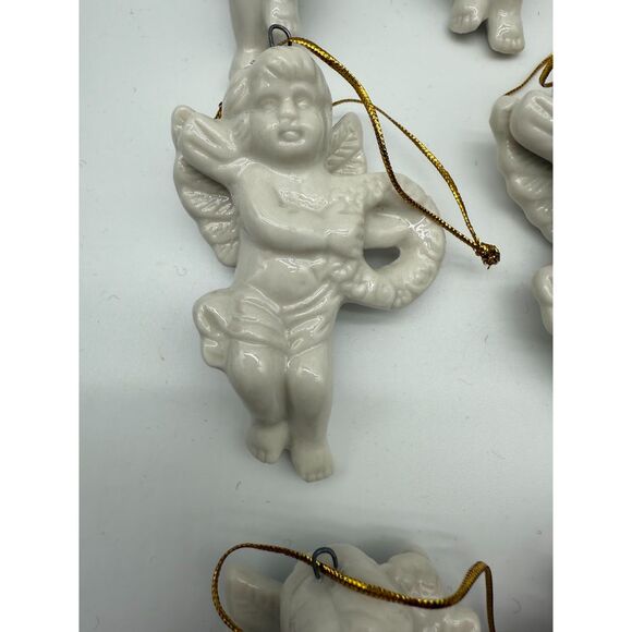 Vintage Ceramic Christmas ANGEL Cherub White Hang Ornaments - Picture 3 of 5